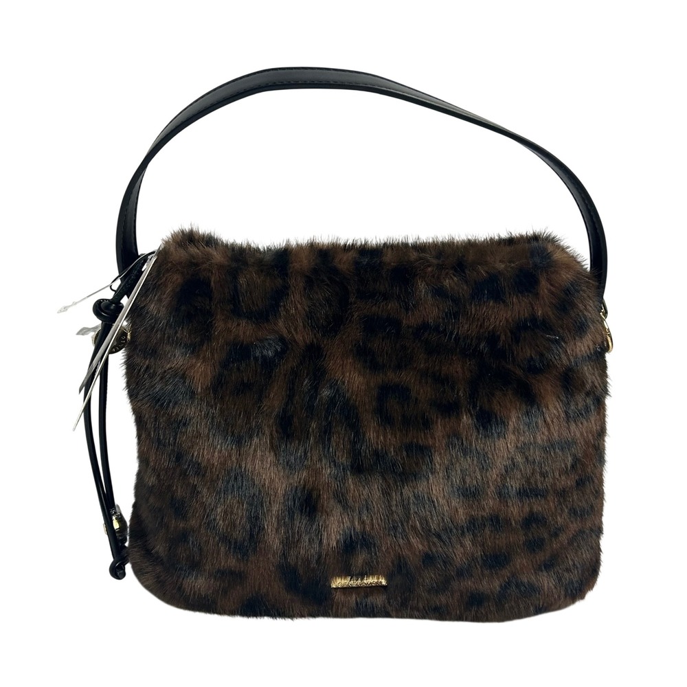 BCBGeneration Leopard Faux Fur Shoulder Crossbody Bag Brown Black Gold-Tone